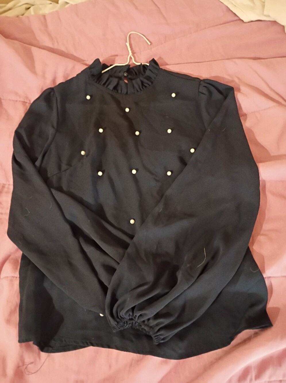 Ruffled Navy Blouse with Pearl Details